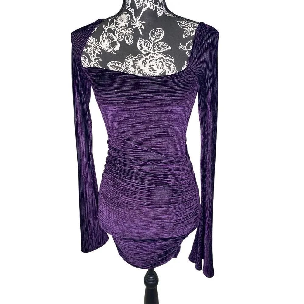 Lucy In The Sky Purple Velvet Ruched Mini Dress Bell Sleeve Square Neck Small